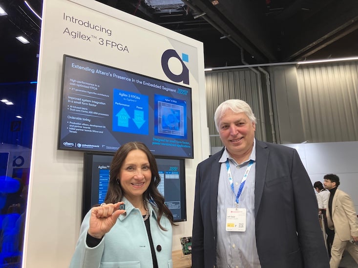 Altera CEO Sandra Rivera holding an Agilex 3 FPGA (left), All About Circuits editor Jeff Child (right).