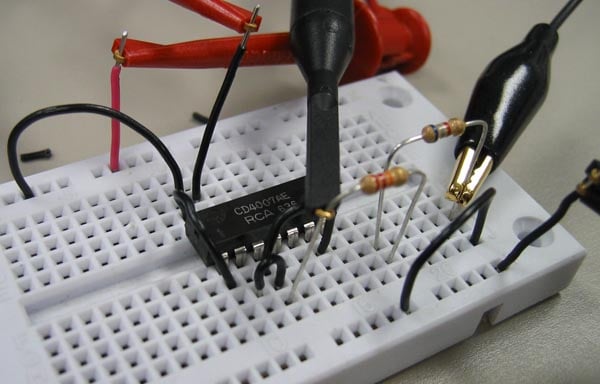 A CD4007A on a solderless breadboard