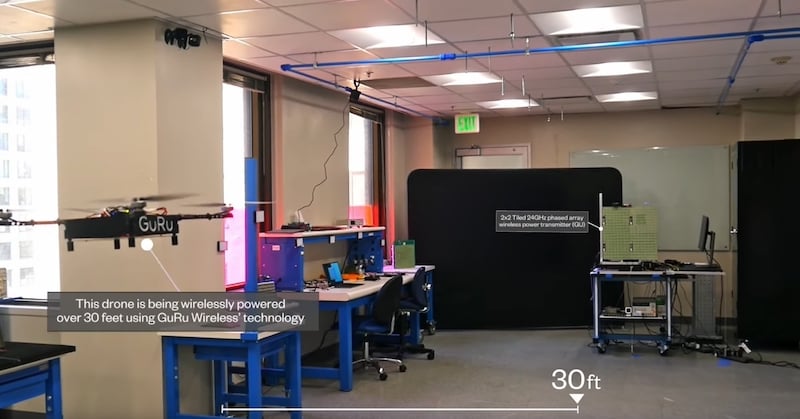 A drone being wirelessly powered over 30 feet