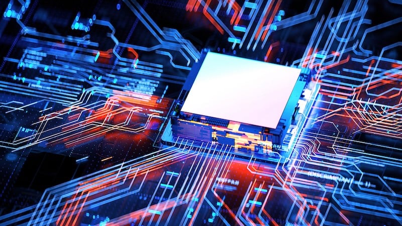 A stylized rendition of a computer chip on a PCB