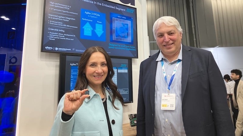 Altera CEO Sandra Rivera holding an Agilex 3 FPGA (left), All About Circuits editor Jeff Child (right).