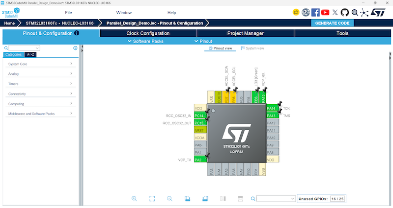 Figure 2. Assigning logical User Labels to physical I2C pins within
the STM32CubeMX Pinout view.