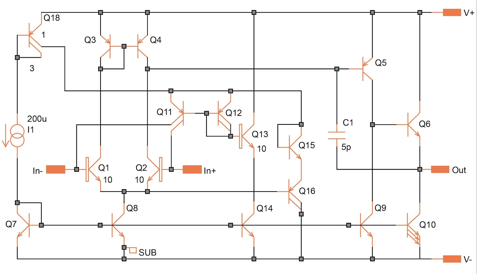 Circuit schematic of a bipolar op amp with reduced noise