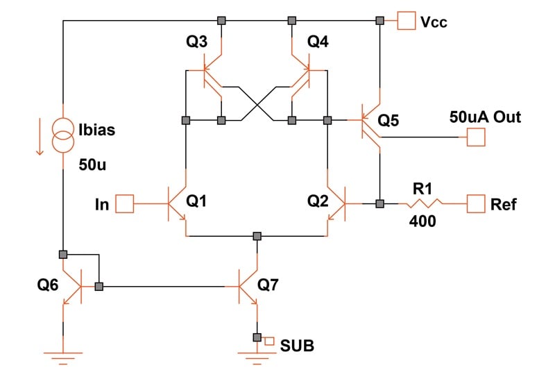 Bipolar comparator circuit with hysteresis.