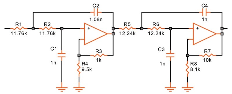 Fourth-order low-pass Butterworth filter in a voltage-controlled voltage-source design.