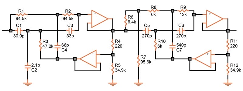 A fourth-order Twin-T elliptic band-pass filter.
