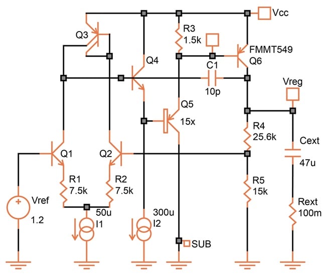 Low-dropout regulator with an external PNP transistor.