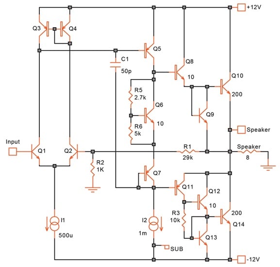 5 W bipolar Class AB amplifier.