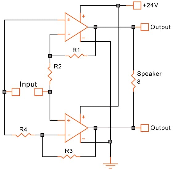 Class AB amplifier with bridge output.