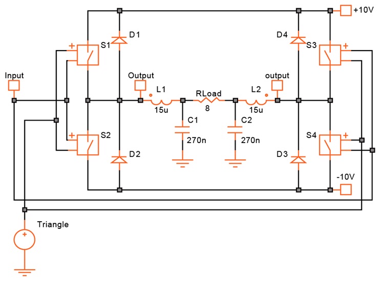 Class D amplifier with bridge output.