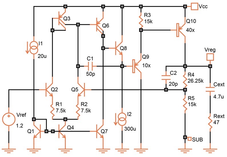 Low-dropout regulator with internal PNP transistor at the output.
