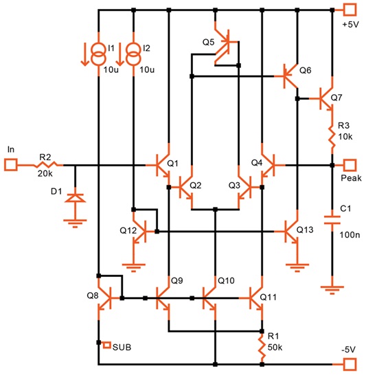 Peak detector with differential NPN Darlington pair.