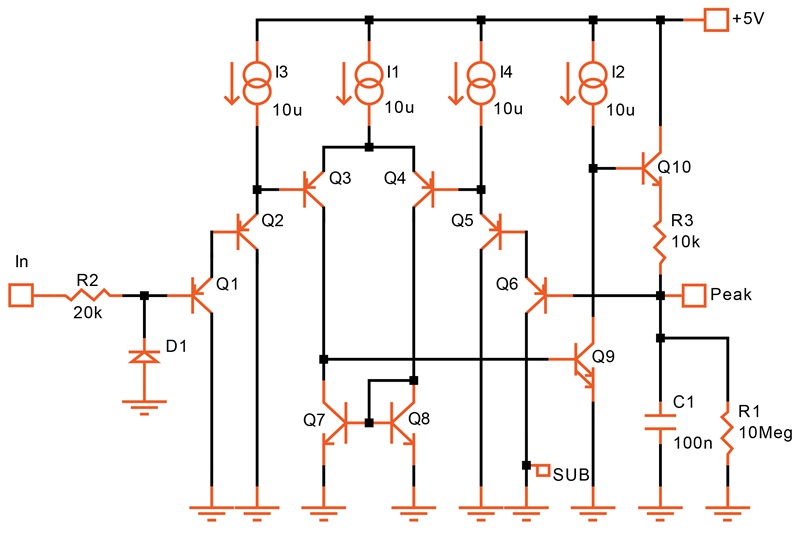 Single-supply peak detector with a lower input current.
