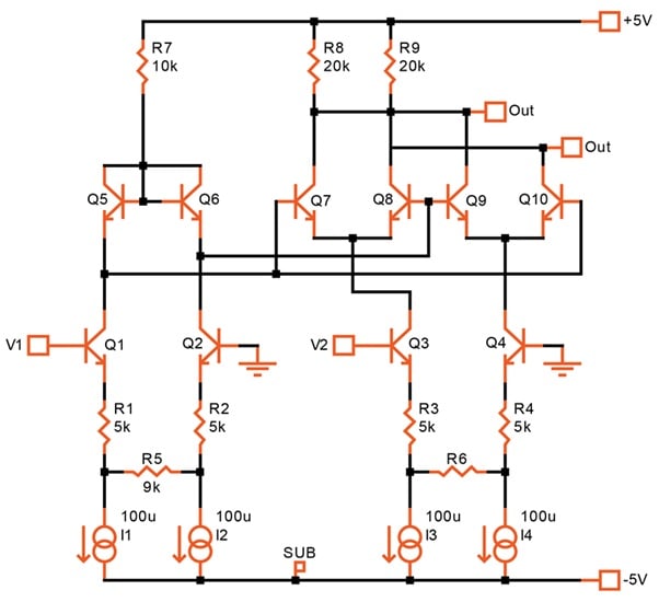 Four-quadrant multiplier with both input voltages at ground level.