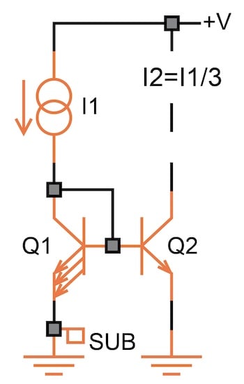Circuit schematic for a simple NPN current mirror with a 3:1 current
ratio