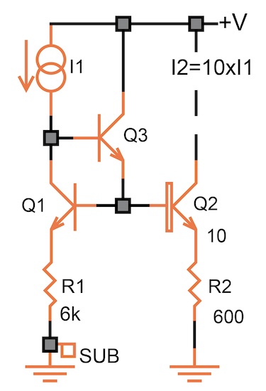 Circuit schematic demonstrating an additional transistor to supply
base currents.