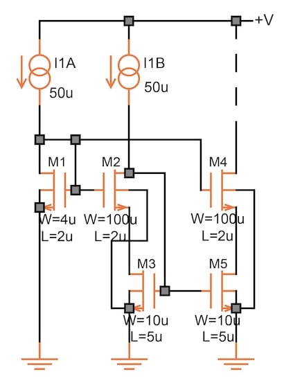 Circuit schematic for a widely used MOS current mirrors