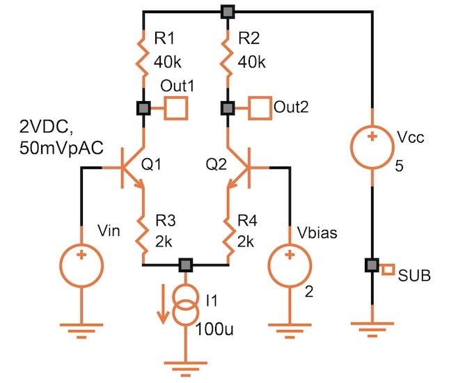 Circuit schematic of a bipolar differential pair amplifier with
emitter resistors