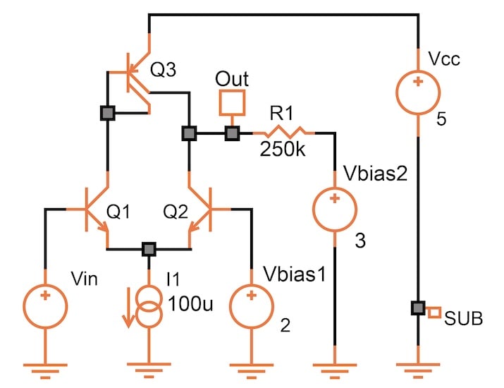 Circuit schematic of a bipolar differential pair amplifier with active
load