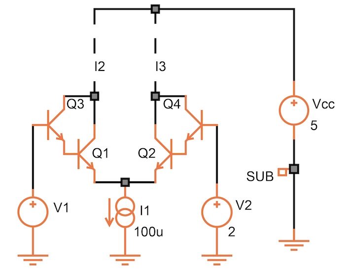 Circuit schematic of a NPN Darlington differential pair input stage