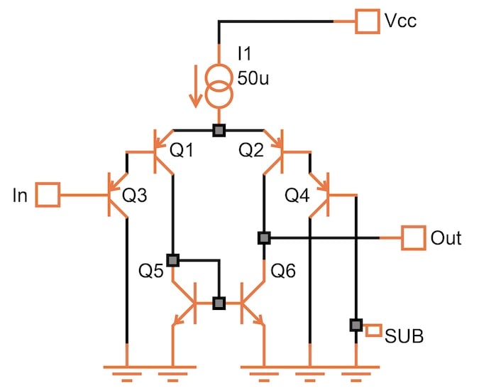 Circuit schematic of a PNP Darlington differential pair input stage