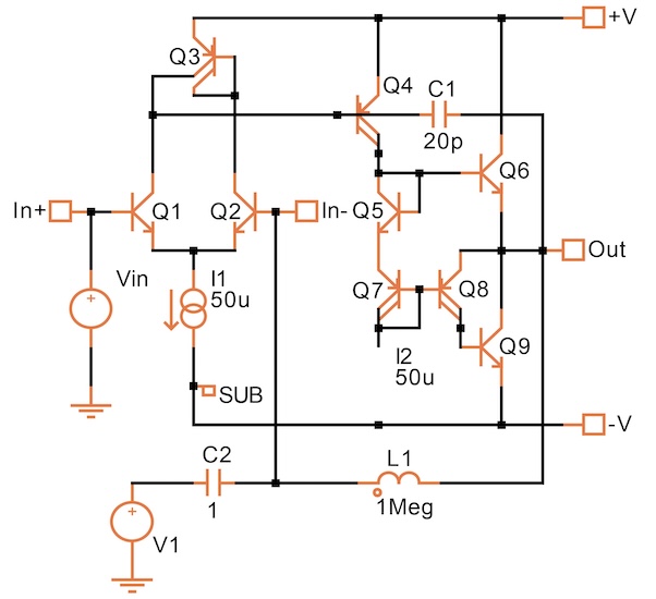 Bipolar amplifier circuit schematic to demonstrate gain and phasesimulation