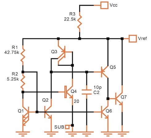 Circuit schematic of a 1.25 V bandgap reference