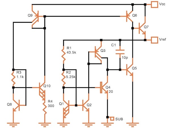 Circuit schematic of a three-terminal 1.25 V bandgap reference