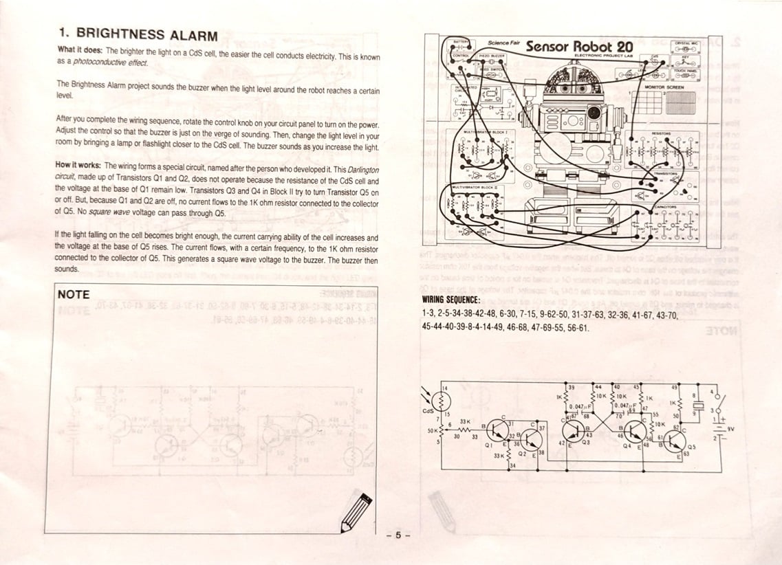 The Brightness Alarm project instructions from the original Sensor Robot 20 manual.