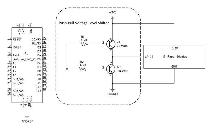 The push-pull level shifter circuit interfaced with the e-paper display and the Arduino Uno.