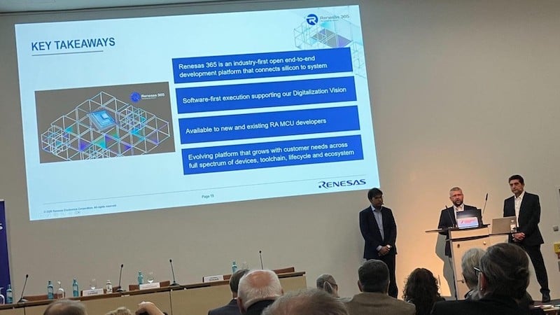 Renesas 355 press conference at Embedded World 2026. From left to right, Mohammed Dogar, Leigh Gawne, and Hooman Foroughi.