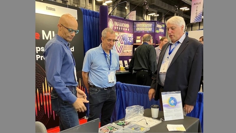From left to right, Efabless exes Mohamed Kassem, Co-founder and CTO, Jeff DiCorpo, Senior V.P and General Manager with All About Circuits' Jeff Child at Embedded World North America.