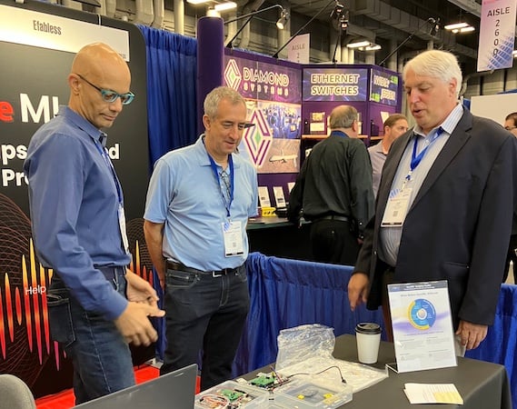 From right to left, Efabless exes Mohamed Kassem, Co-founder and CTO, Jeff DiCorpo, Senior V.P and General Manager with All About Circuits' Jeff Child at Embedded World North America.