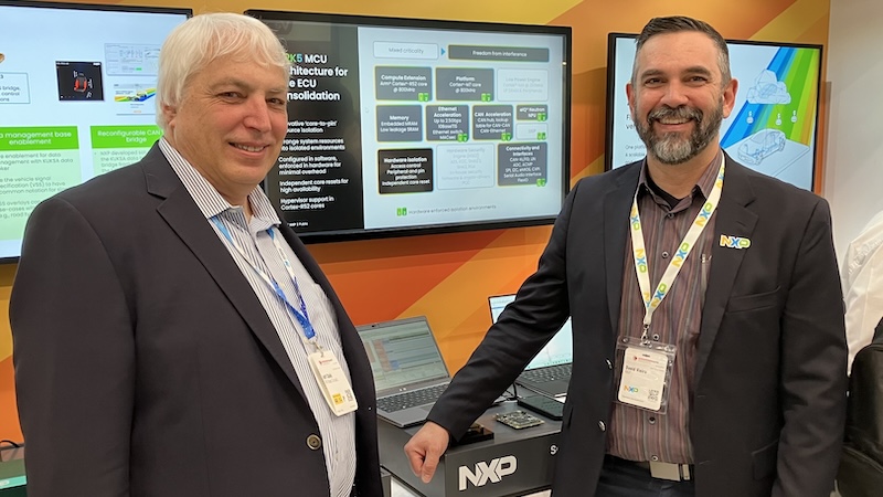 Jeff at NXPs Embedded World booth with David Vieira, Zonal Segment Lead for Automotive, learning about NXPs new S32K5 automotive microcontroller.