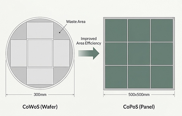 Comparing the area utilization of CoWoS and CoPos.