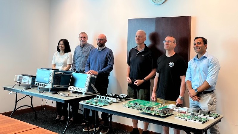 The engineers behind the 7 Series. Left to right: Jenny Yang, Software Engineering Manager, Forrest Edwards, Program Manager & Principal Engineer, Mark Briscoe, Senior Product Planner & Product Marketing, Tim Bieber, Principal Product Planner, Gene Markozen, Hardware / Software Design Engineer IV at Tektronix Core Real Time, and Jake Hertz, All About Circuits contributor.