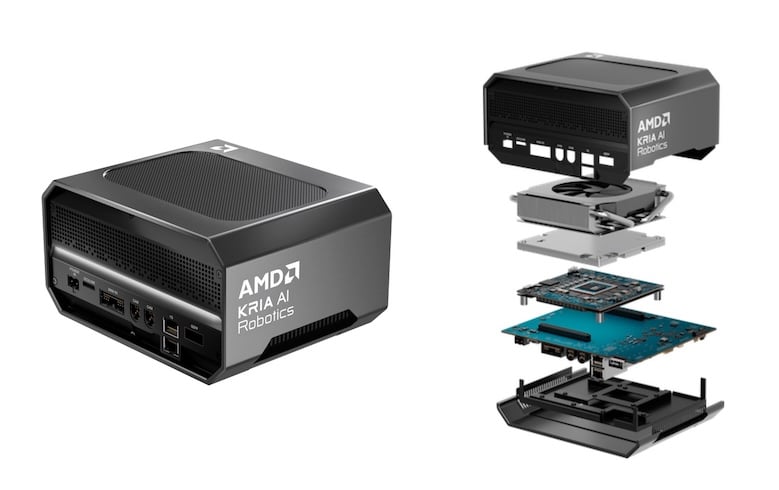 The Kria AI Robotics Developer Platform. The breakout view on the right shows the Kria AI SOM inside the box.