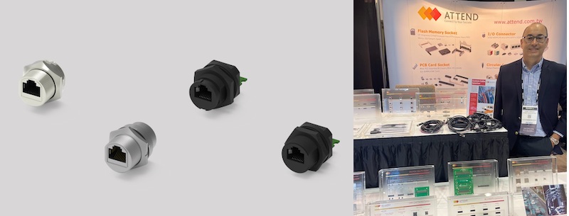 Attend’s 222A-03 series connectors (left). Jamie Coreano at Attend’s booth at DesignCon 2024 (right).