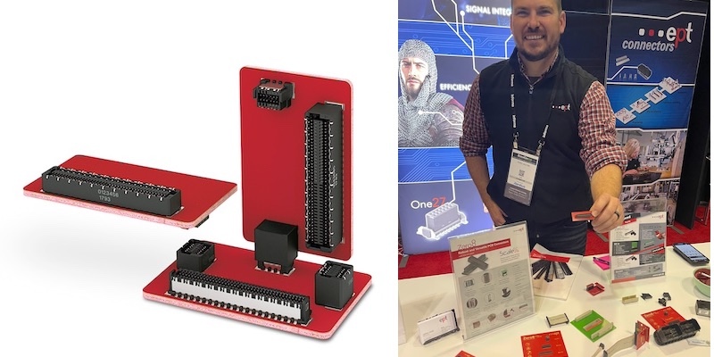 Ept’s Zero8 connector approved for use in ModBlox7 spec (left). Joshua Jacobi at Ept’s booth at DesignCon 2024 (right).