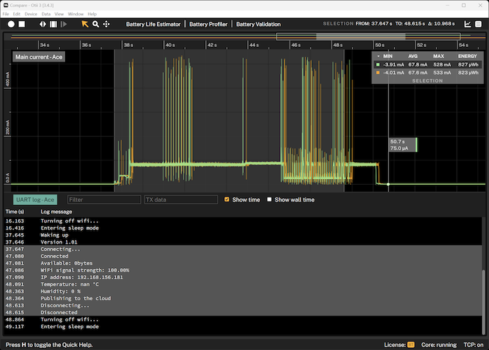 Comparing power measurements in real-time enables the effect of even small software changes to become immediately apparent when estimating the operating life of IoT devices using Otii Arc/Ace Pro.