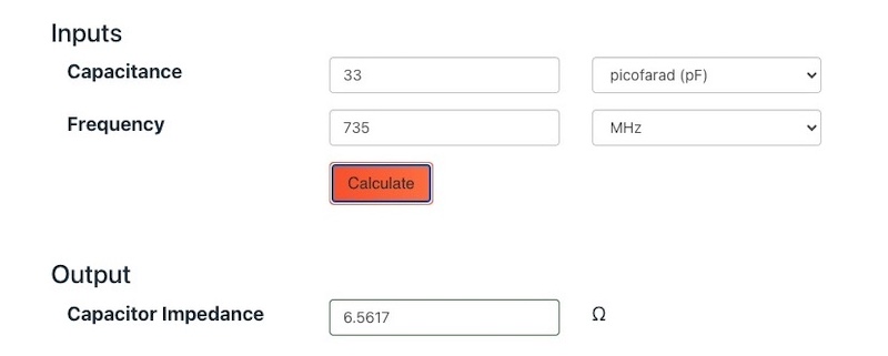 Our Capacitor Impedance Calculator calculates a capacitor's reactance for a given capacitance value and signal frequency.