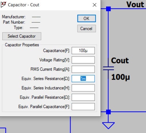 An LTspice window showing the output capacitance value for a CMC buck converter simulation. Capacitance is 100 μF and includes 1 mΩ of ESR.