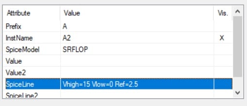 LTspice window showing values for SRFLOP. It shows logic-high voltage equaling 15 V and logic-low voltage equaling 0 V.
