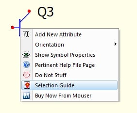 To find a specific part number, right-click the component and open the Selection Guide.