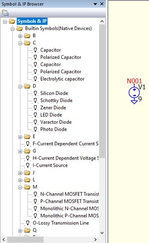 The symbol and IP browser can be found on the left side of the screen.