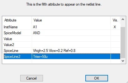 Setting the rise time in LTspice's component attribute editor.
