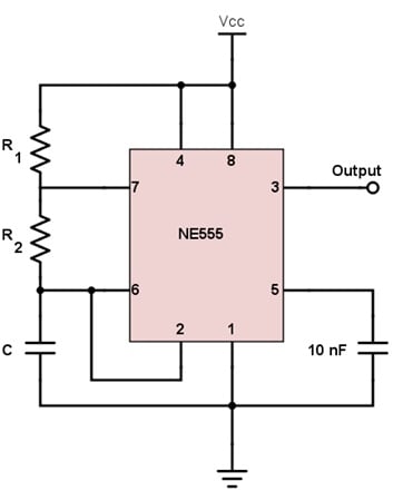 555 timer IC configured as an astable circuit.