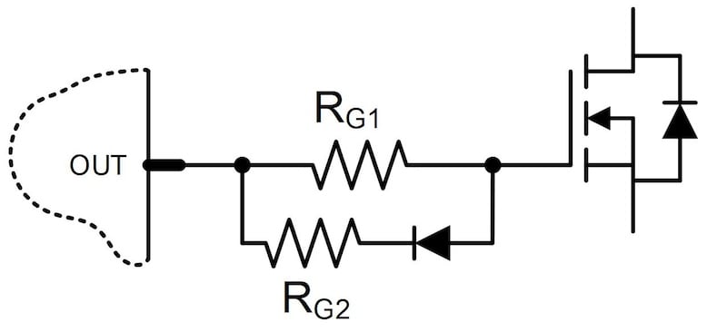 Figure 6. Typical configuration to obtain lower RGOFF than RGON on
single-output gate drivers.