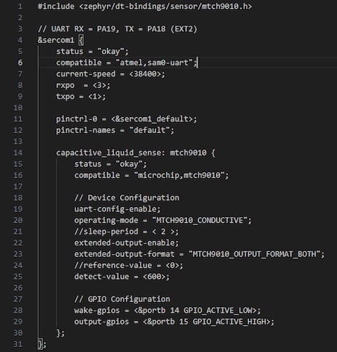 Figure 2. Devicetree snippet from my MTCH9010 test project for the SAML21 XPLAINED PRO (ATSAML21-XPRO-B).