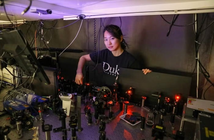 PhD student Eunso Shin with the metasurface device